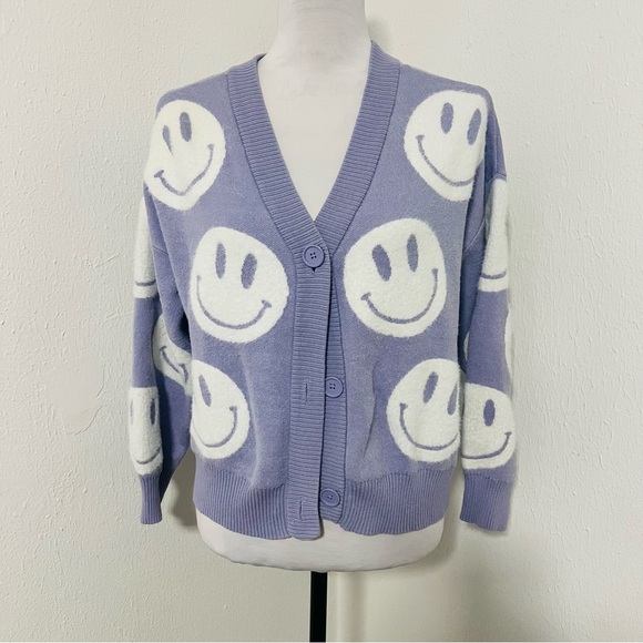 Nikka K Olive Juniors Large Lavender Full Button Smiley Faces Cardigan Sweater - Picture 1 of 7